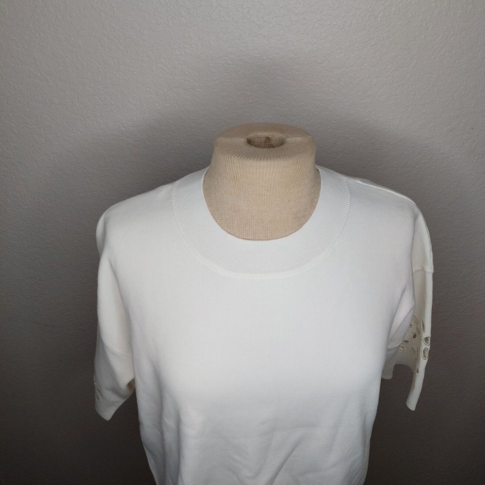 Zara Womens Top Medium Ribbed Short Sleeve Embroidered Flower Sleeves Ivory - Picture 10 of 16